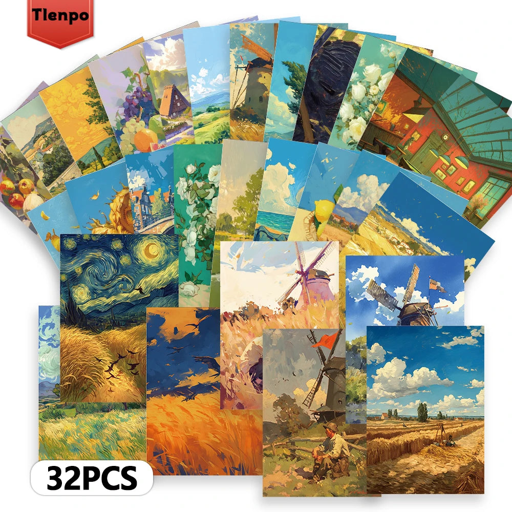 cartes postales peinture l'huile paysages fleurs motifs colorés décoration collection souvenirs chambre bleu vert