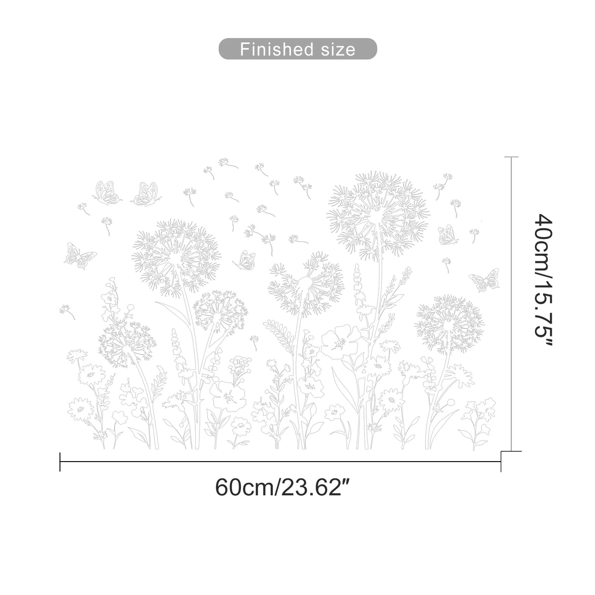 décoration fenêtre autocollant pissenlit fleurs papillons champêtre floral 40x60cm translucent blanc vert