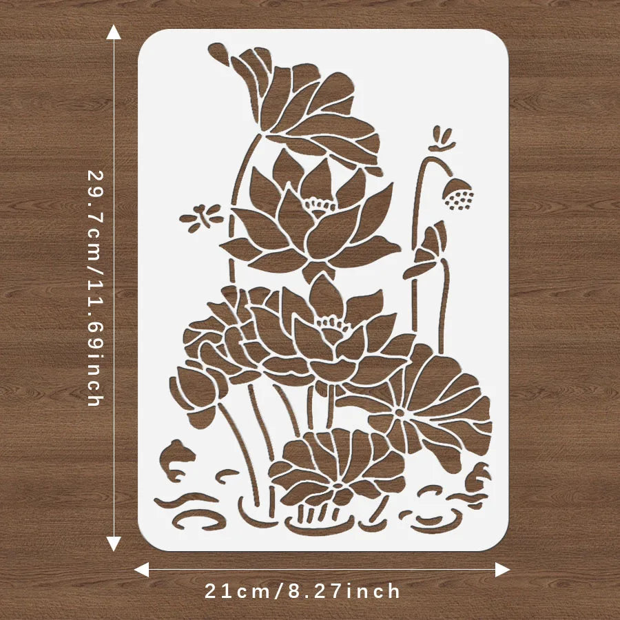 Stencil floral artisanal fleurs lotus blanc brun peinture décoration maison