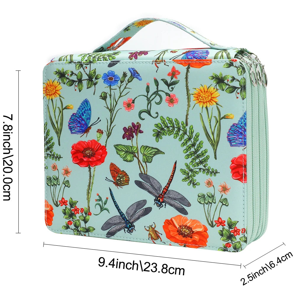 boîte crayons fleurs papillons zips 200 trous tissu polyestère moderne bleu vertclair