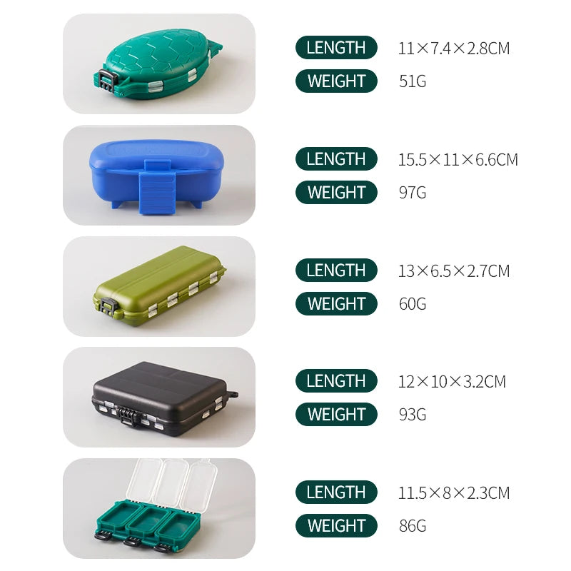 boîtes rangement pêche bleu vert noires compartiments hexagonales pratiques métal