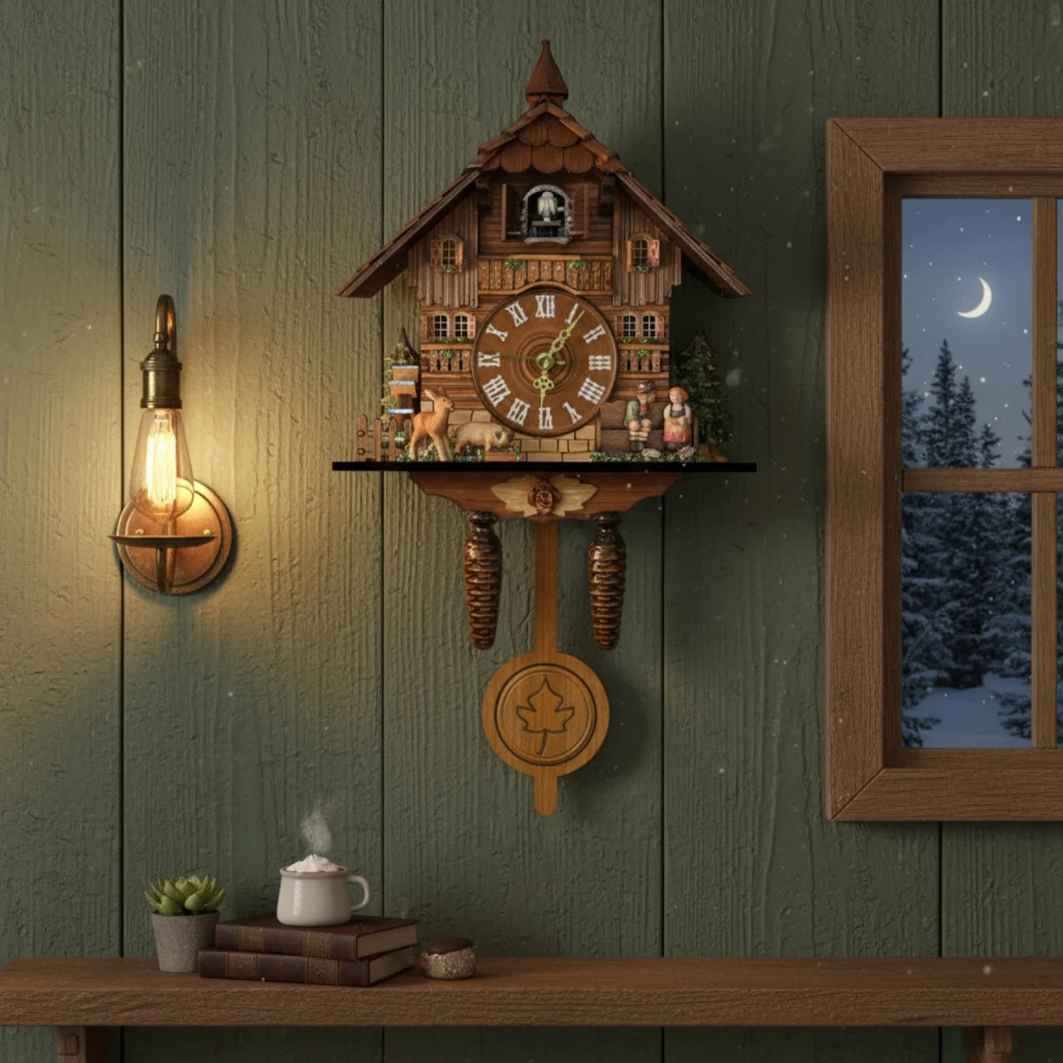 horloge murale pendule bois naturel village traditionnel personnages animaux maison arbre déco salon