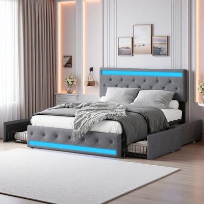 Lit double 180x200 cm gris foncé avec tête de lit rembourrée et éclairage LED