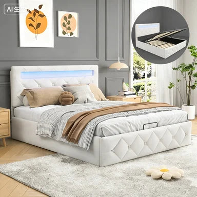 Lit coffre double 160x200 velours beige avec tête de lit capitonnée et bande LED