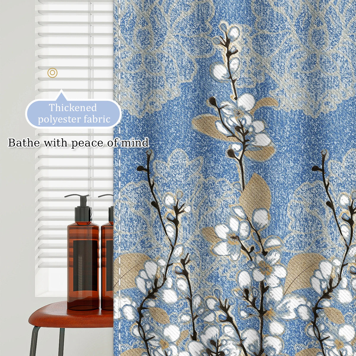 rideau douche moderne fleurs blanches bleu clair polyester texturé respectueux environnement suspension