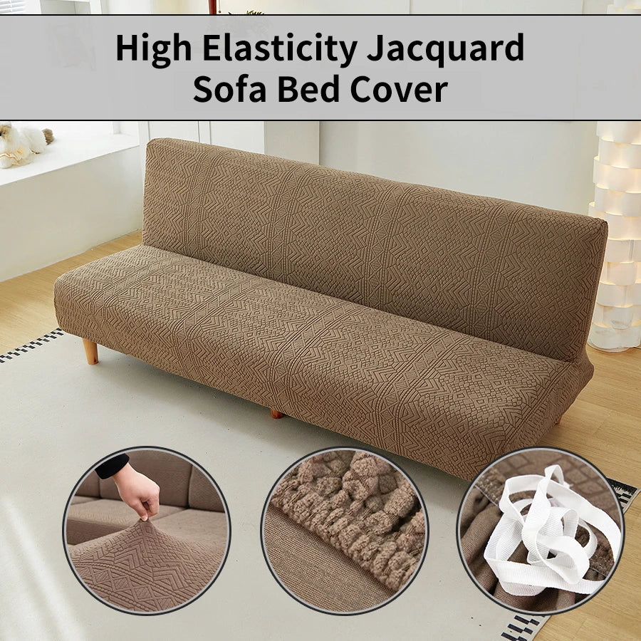 Housse de canapé-lit extensible en Jacquard couleur chocolat sur un canapé moderne