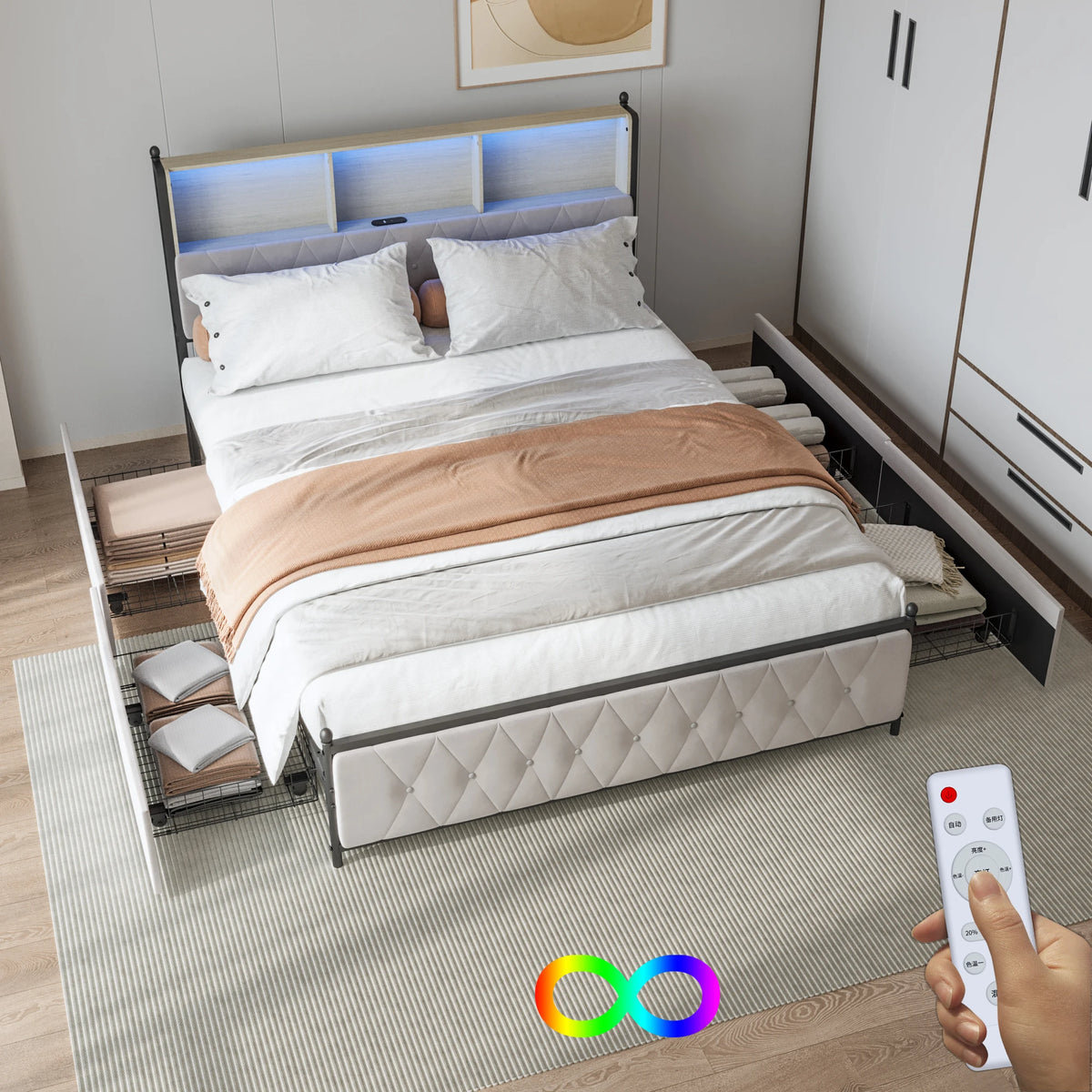 Texture du velours beige sur la surface du lit