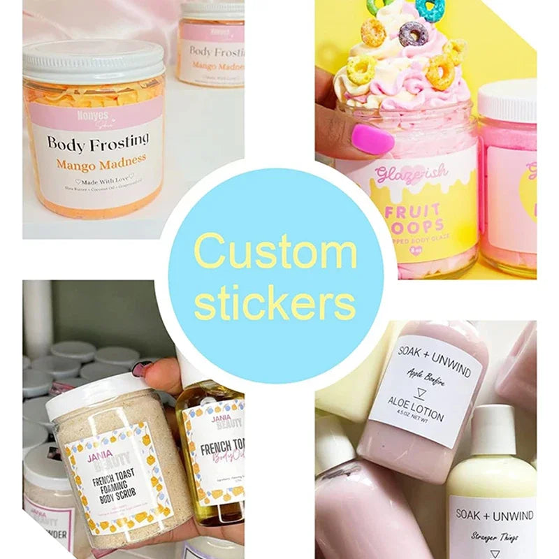 sticker personnalisable adhésif transparent moderne logo fruit flocon neige textes différentes couleurs jaune rose
