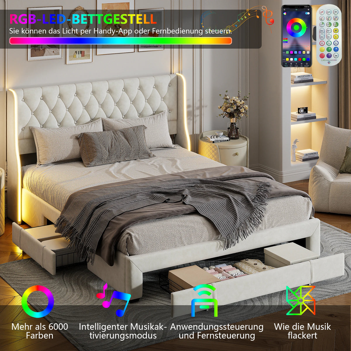 Éclairage LED RGB du lit en mode couleur changeante