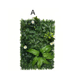 panneau végétal artificiel feuilles diverses fleurs blanches moderne décoration extérieure herbe verte opacité naturelle