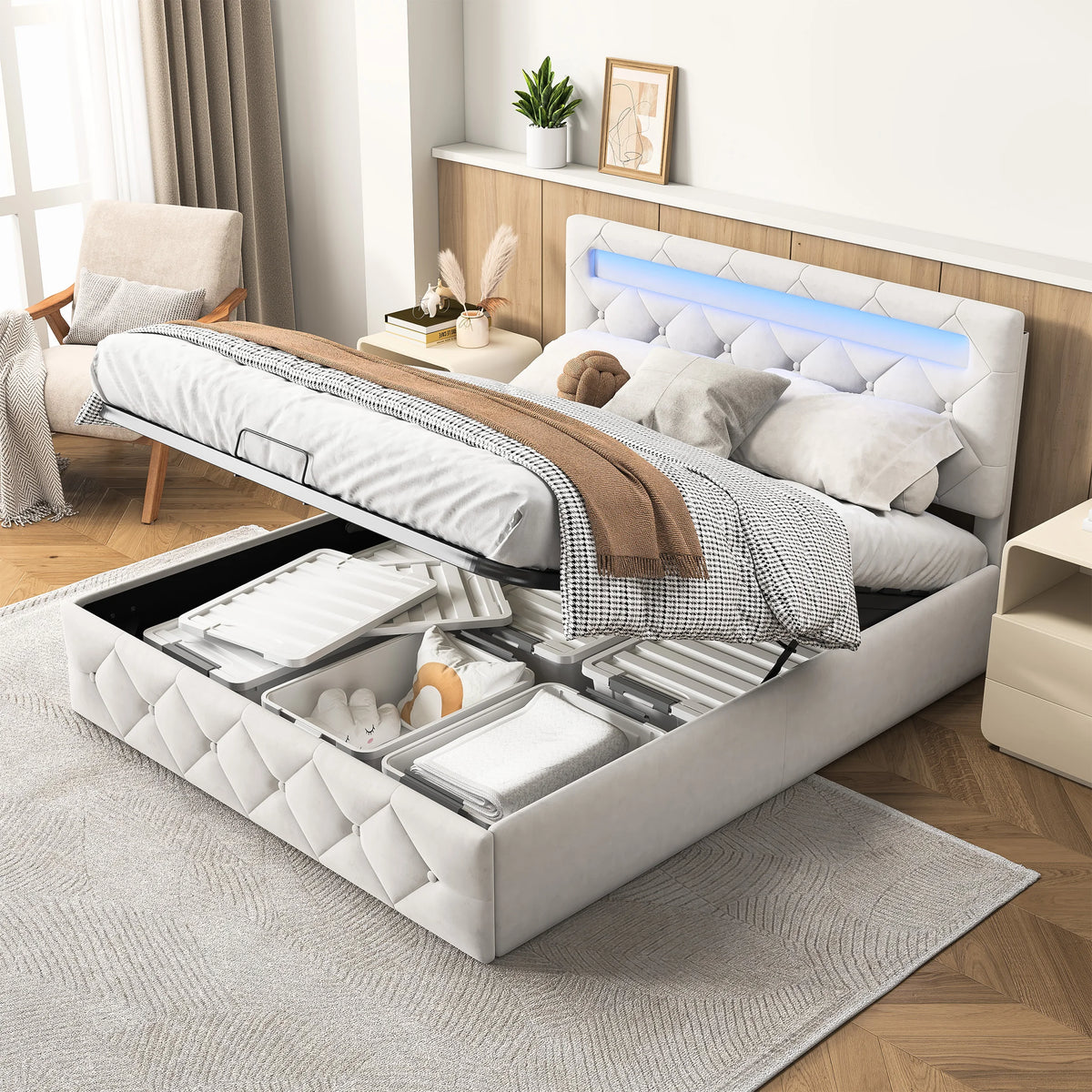 Vue de côté du lit coffre 160x200 velours beige