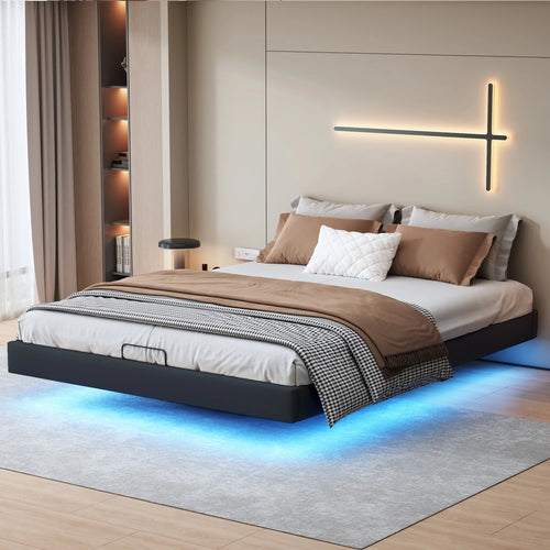 Lit coffre flottant noir/beige avec éclairage LED dans une chambre moderne