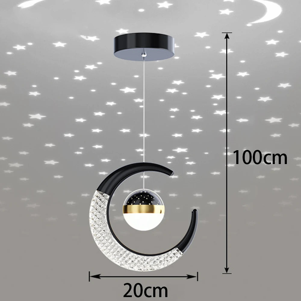 lampe suspendue moderne or noir étoiles croissant lune cristal spatial décoration chambre salon