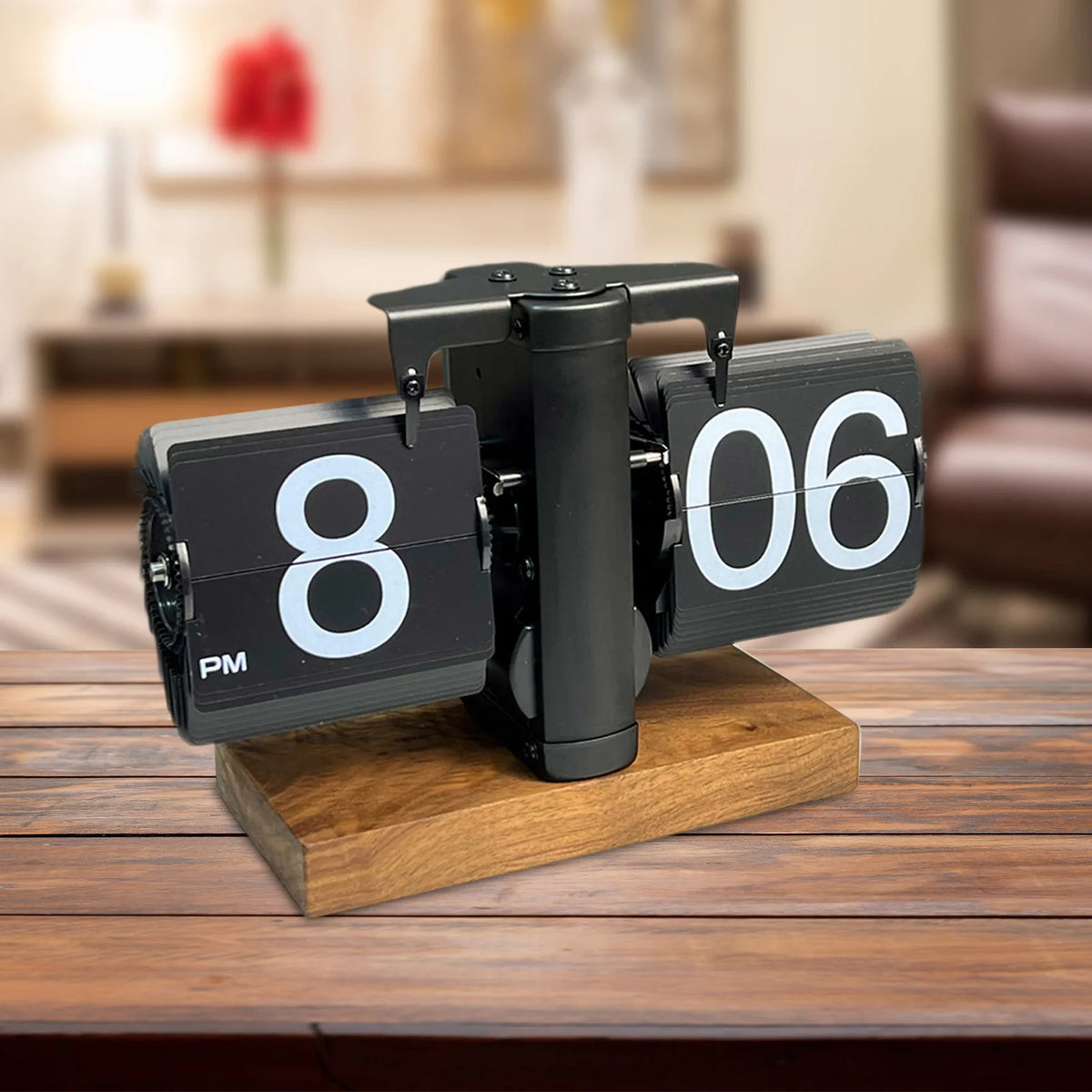 horloge flip cadran numérique vintage rétro base bois métal brillant chambre