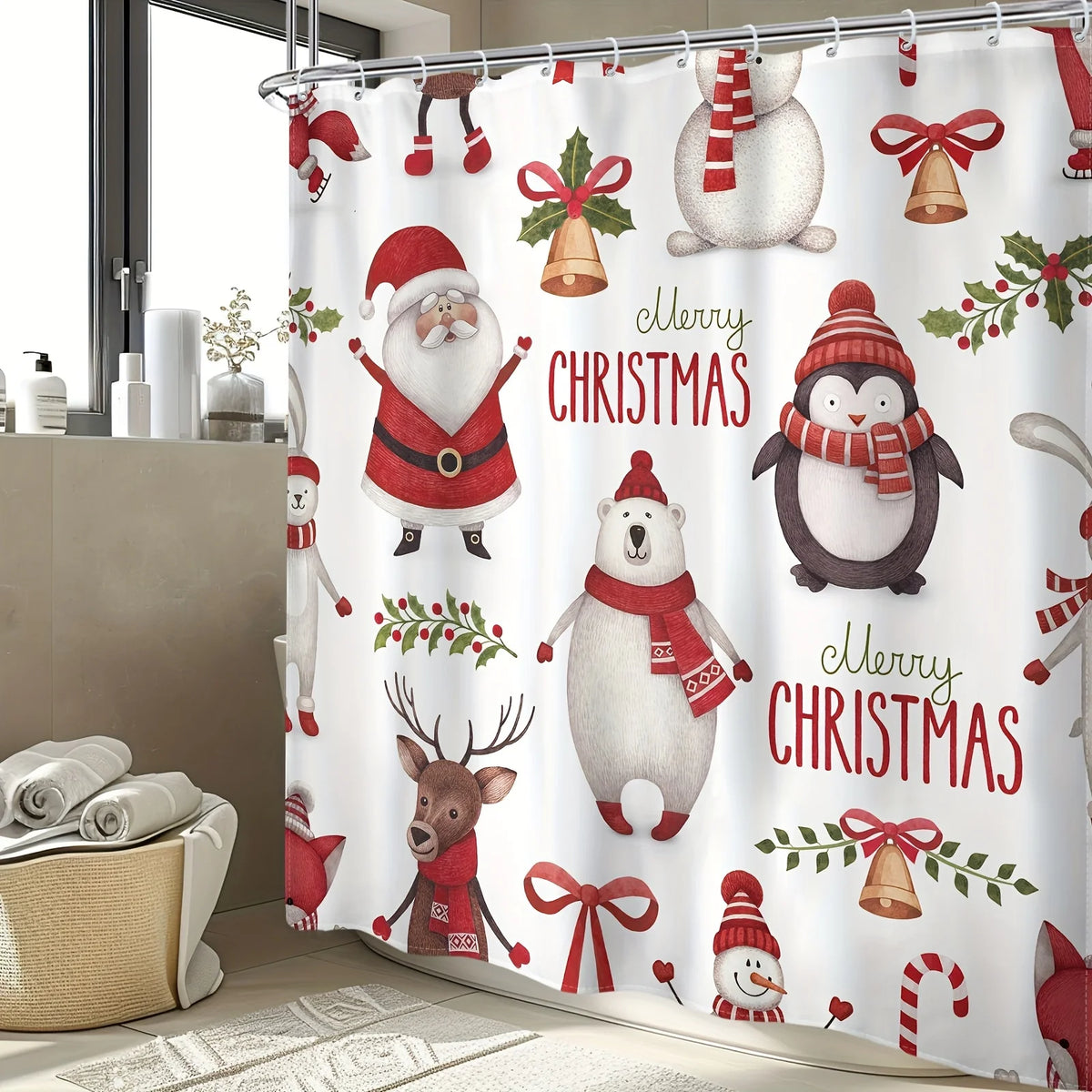 rideau douche noël santa renne ours polaire métalliques motifs festifs opaques polyester