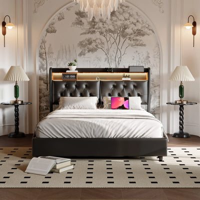 Lit double 180x200 avec tête de lit LED en simili cuir noir
