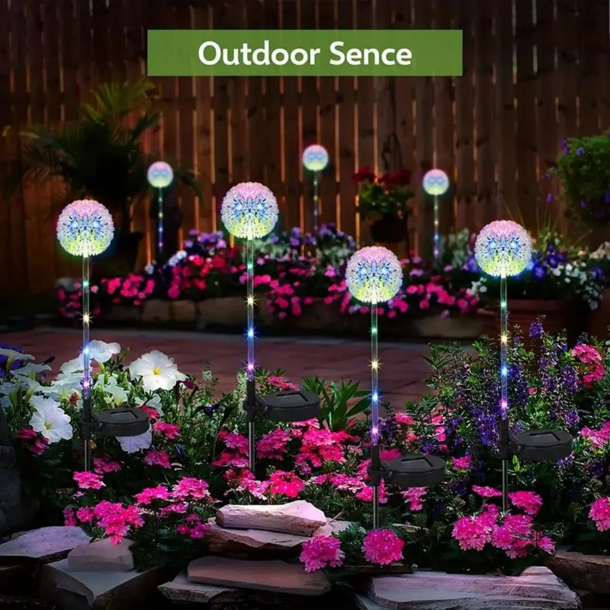 décorations solaires fleurs lumineuses vert blanc moderne extérieures jardin piquetées