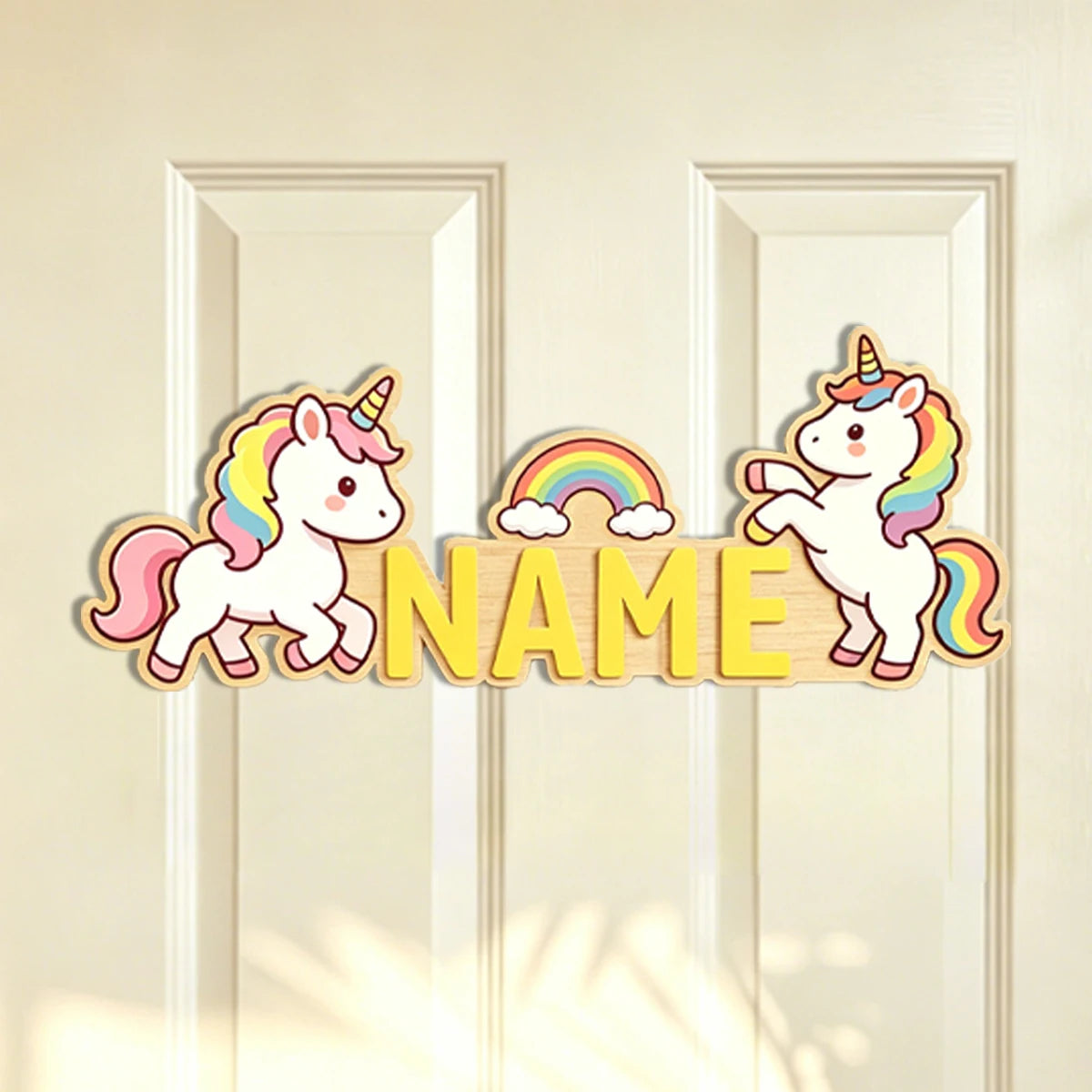 plaque porte personnalisable dessin animé fleurs papillons licorne verte bleue jaune rose