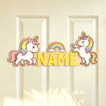plaque porte personnalisable dessin animé fleurs papillons licorne verte bleue jaune rose