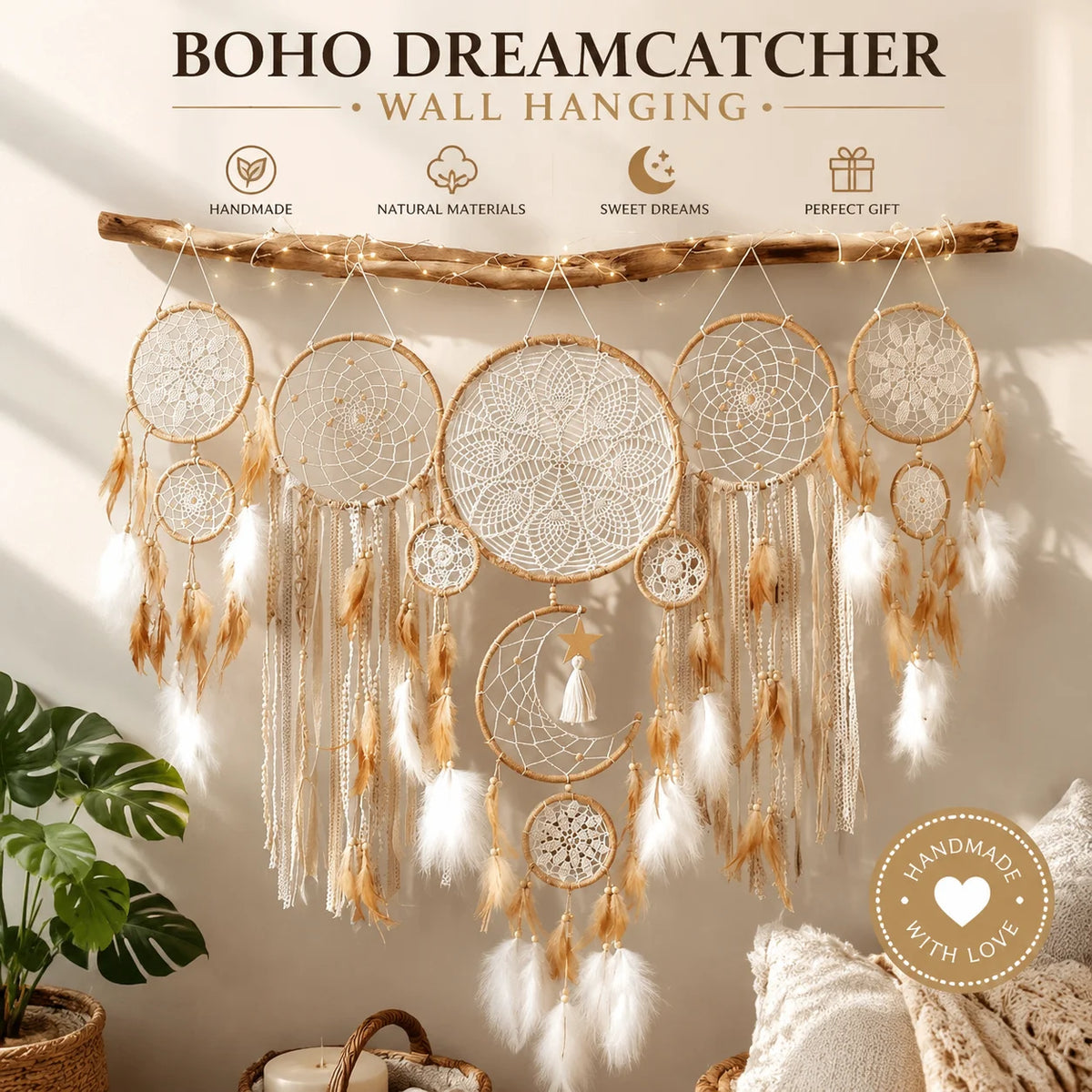 attrape rêves lune étoile plumes crochetées bohème décoration murale plumes colorées ornements pastoraux fée