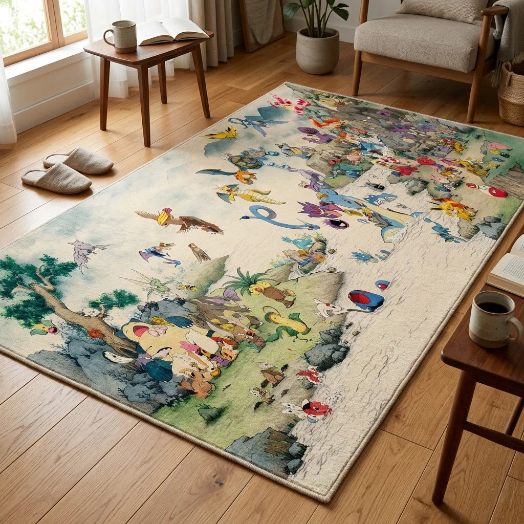 tapis animé personnages multicolore illustration moderne fond texturé pokémon luffy chambre salon