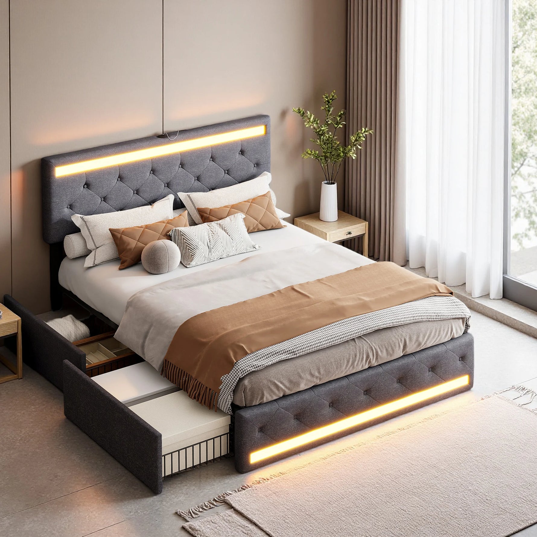 Tête de lit rembourrée avec ports USB et éclairage LED moderne