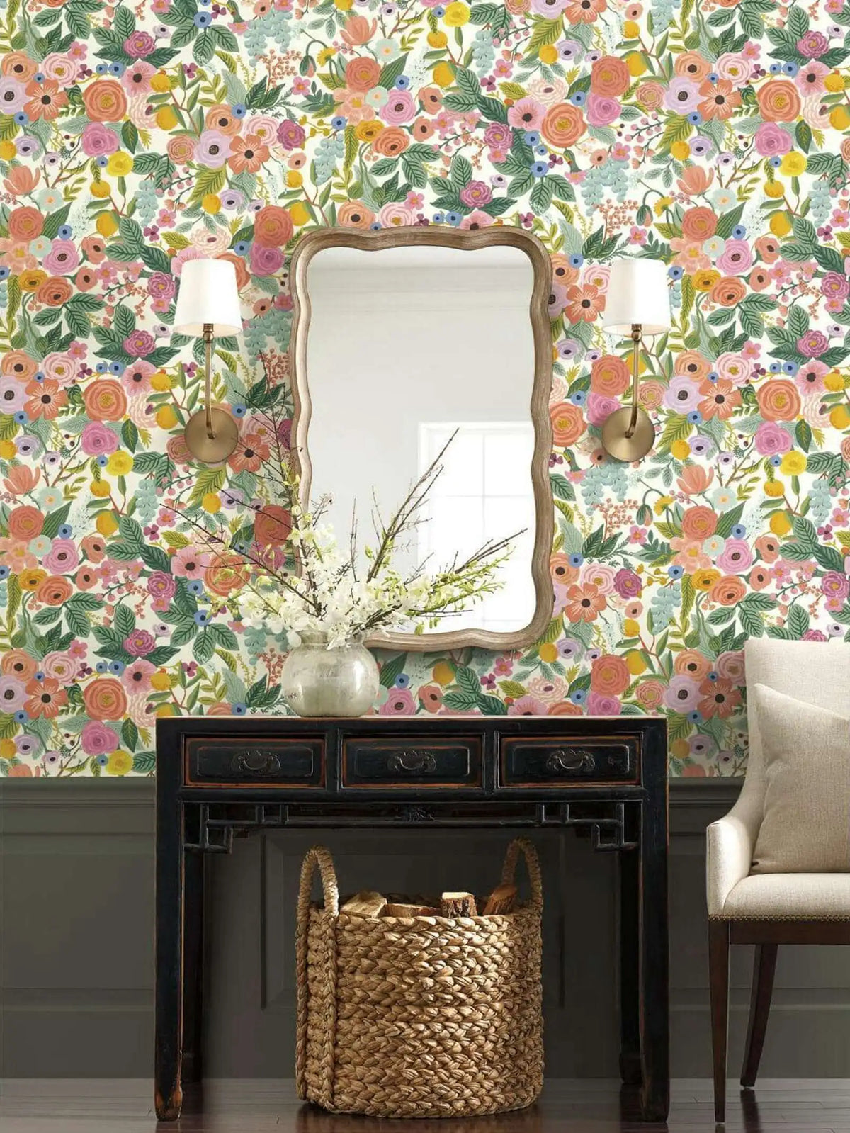 miroir transparent classique fleurs colorées feuilles baroque sans fixation visible