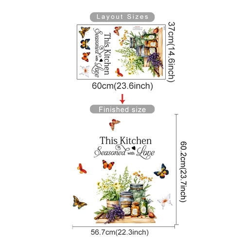 autocollant mural multicolore fleurs herbes papillons texte cuisine amour décoration maison artisanale opacité