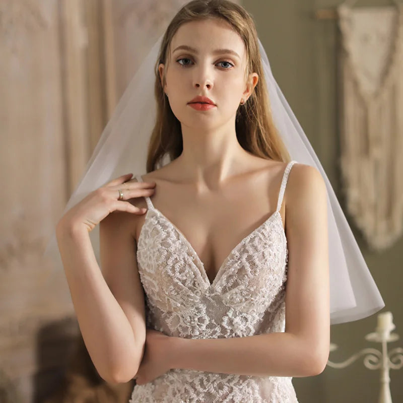 voile mariée deux couches polyester blanc classique élégant bord coupé translucide festive adult