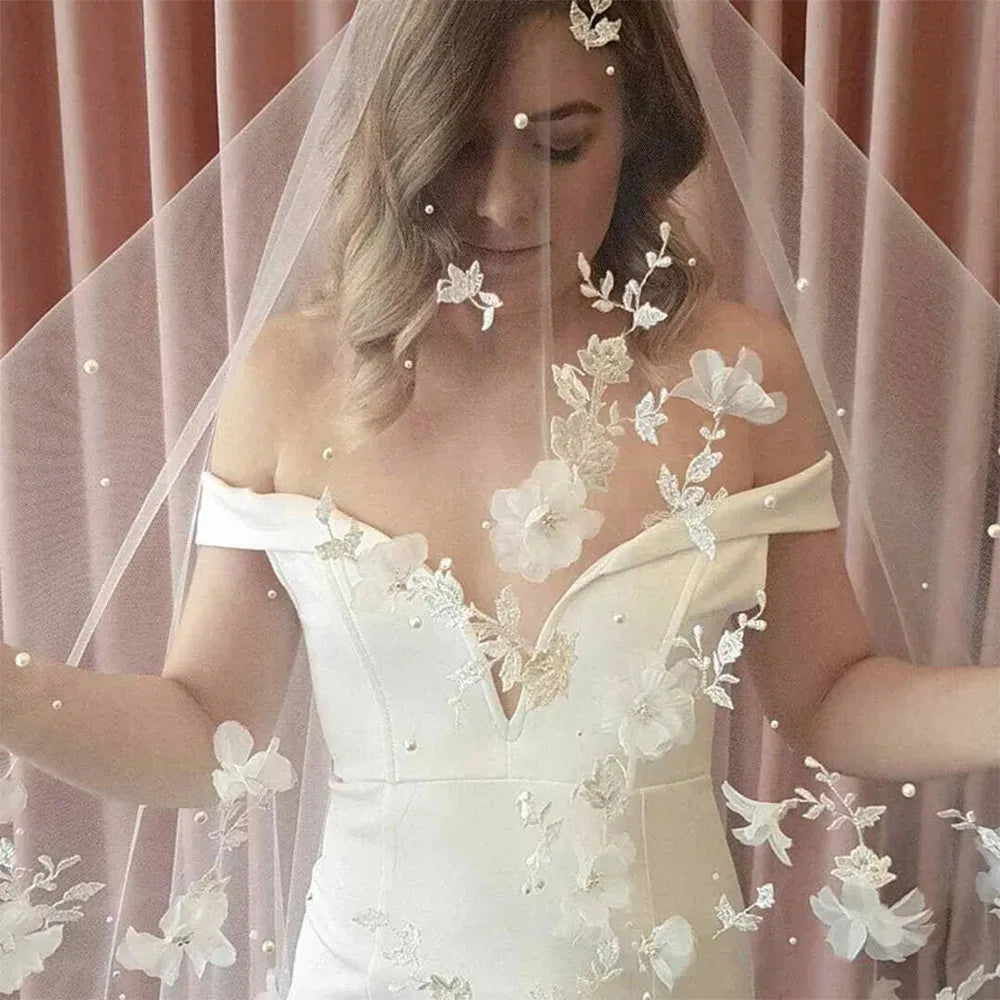voile mariée blanc fleurs blanches romantique bord coupé transparent polyestère