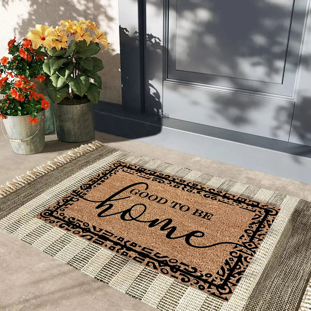 tapis d'entrée marron clair noir motif ethnique adhésif antidérapant résistant rides classique rustique