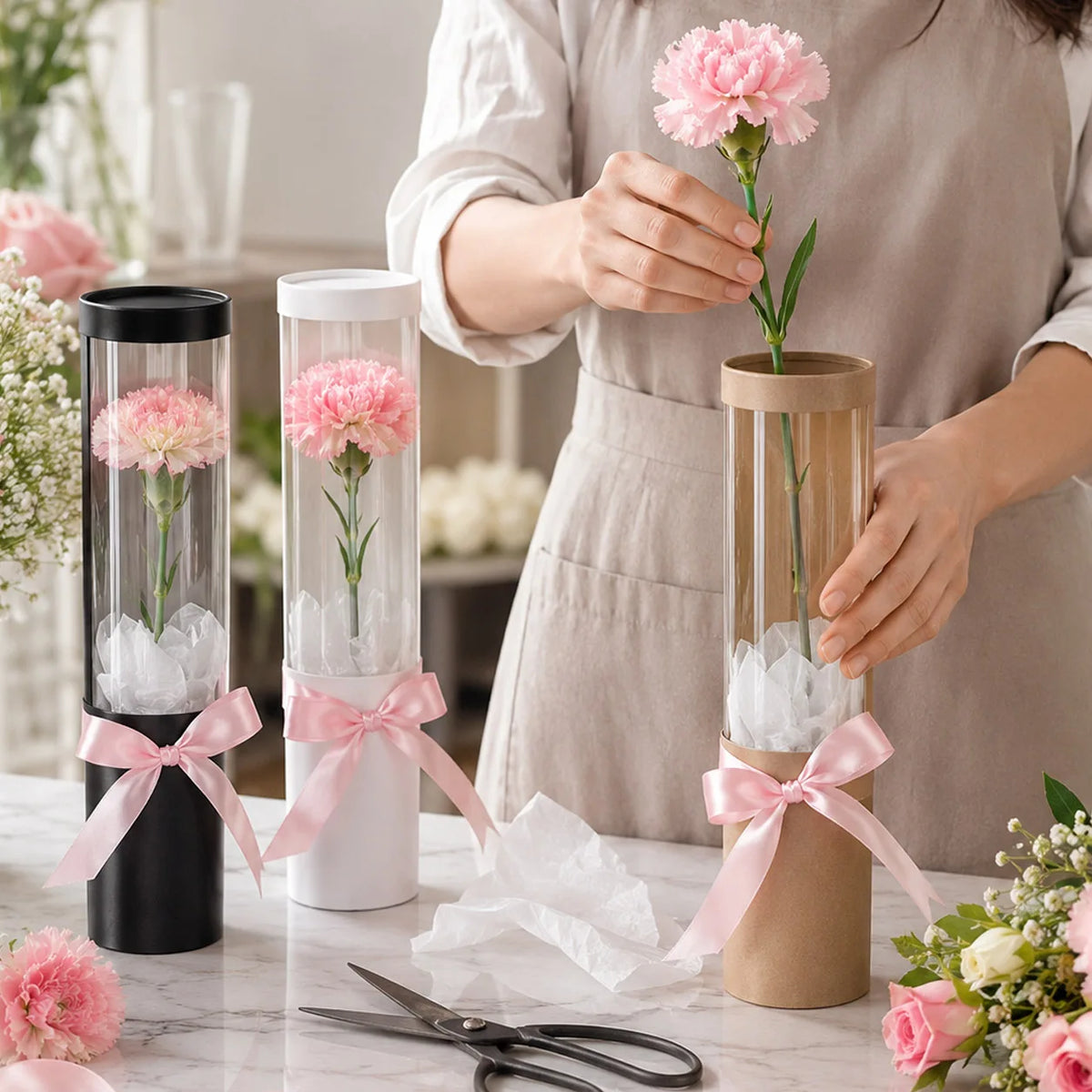 boîtes fleurs transparentes modernes rubans décoratifs noir blanc rose pâle occasion saint valentin élégantes