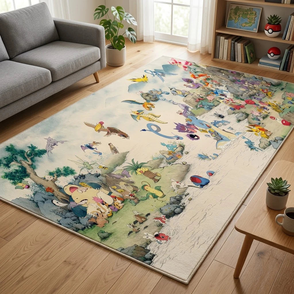 tapis animé personnages multicolore illustration moderne fond texturé pokémon luffy chambre salon