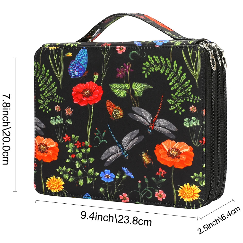 boîte crayons fleurs papillons zips 200 trous tissu polyestère moderne bleu vertclair
