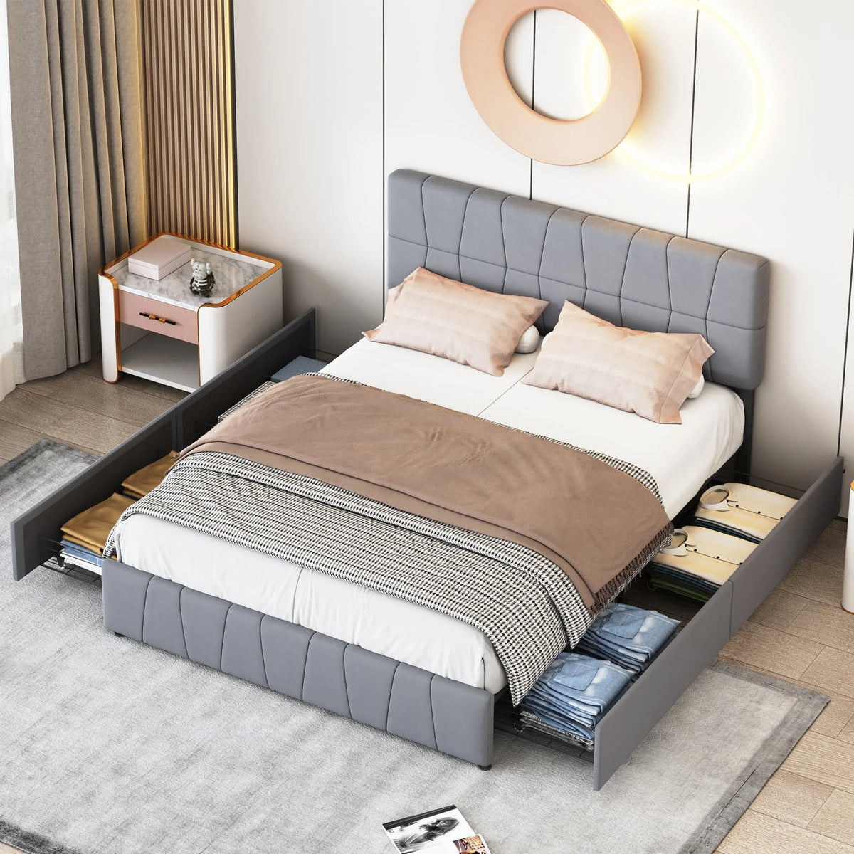 Tiroirs de rangement intégrés sous le lit double