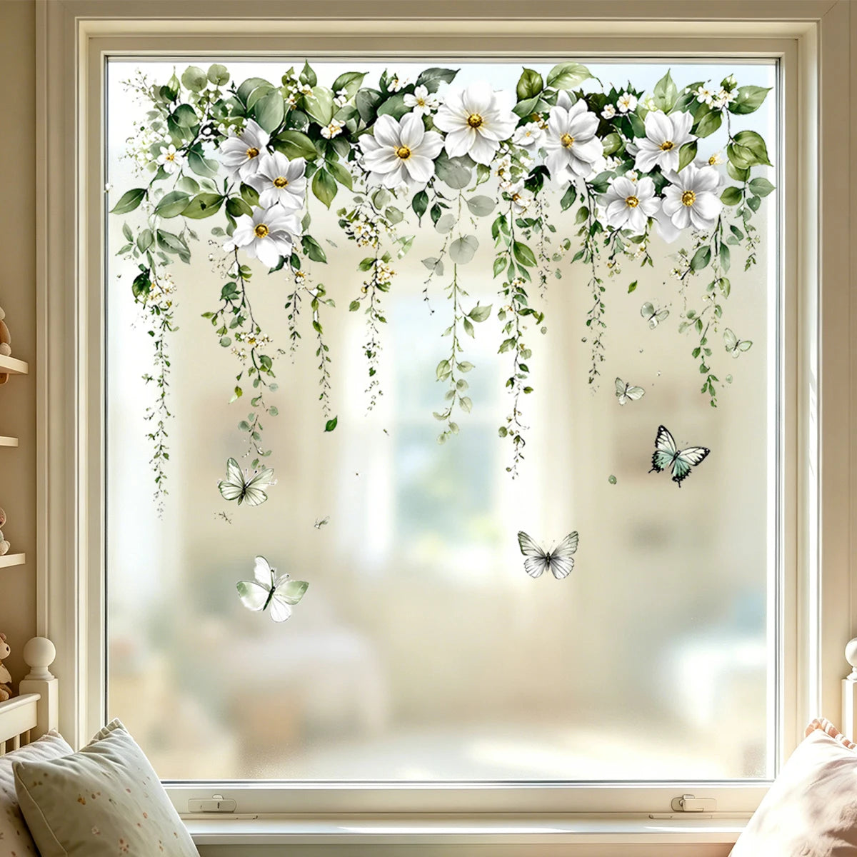 autocollant mural floral romantique fleurs blanches papillons feuilles vertes chambre salon naturel adhésif pvc