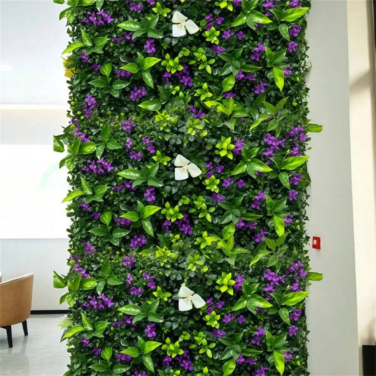 décoration murale moderne panneau végétal artificiel feuilles vertes fleurs violettes clips extérieur intérieur