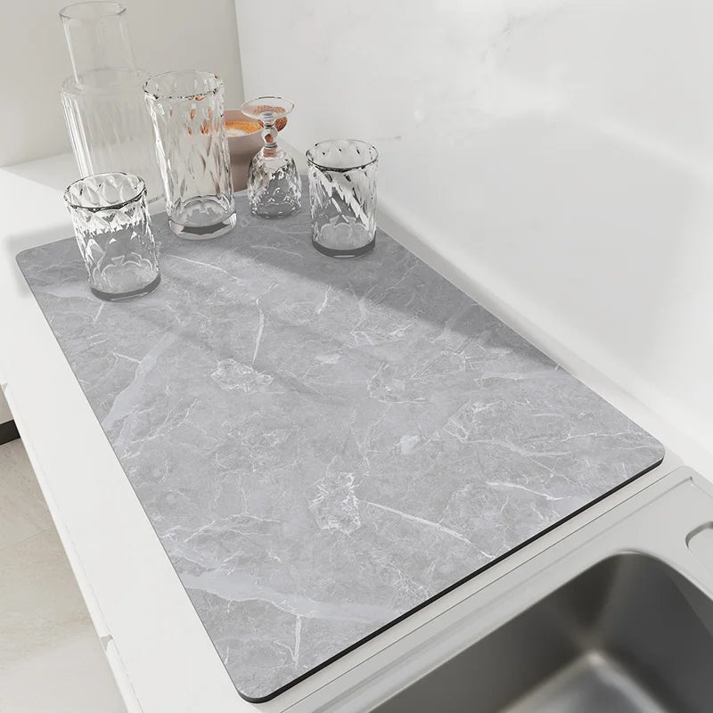 tapis cuisine absorbant diatomite marbre gris vert séchage vaisselle évacuation eau