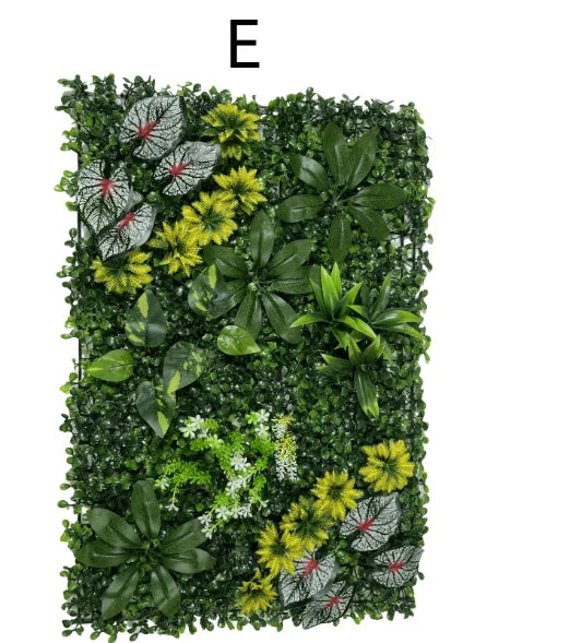 panneau végétal artificiel feuilles diverses fleurs blanches moderne décoration extérieure herbe verte opacité naturelle