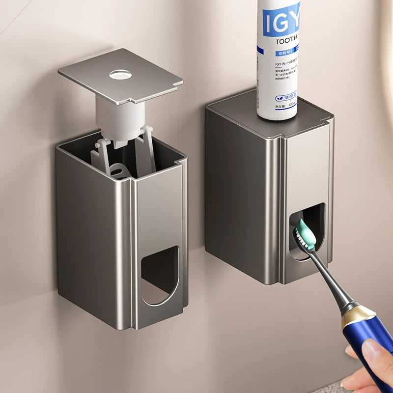 distributeur dentifrice mural gris métallisé moderne adhésif embout dégagement minimaliste