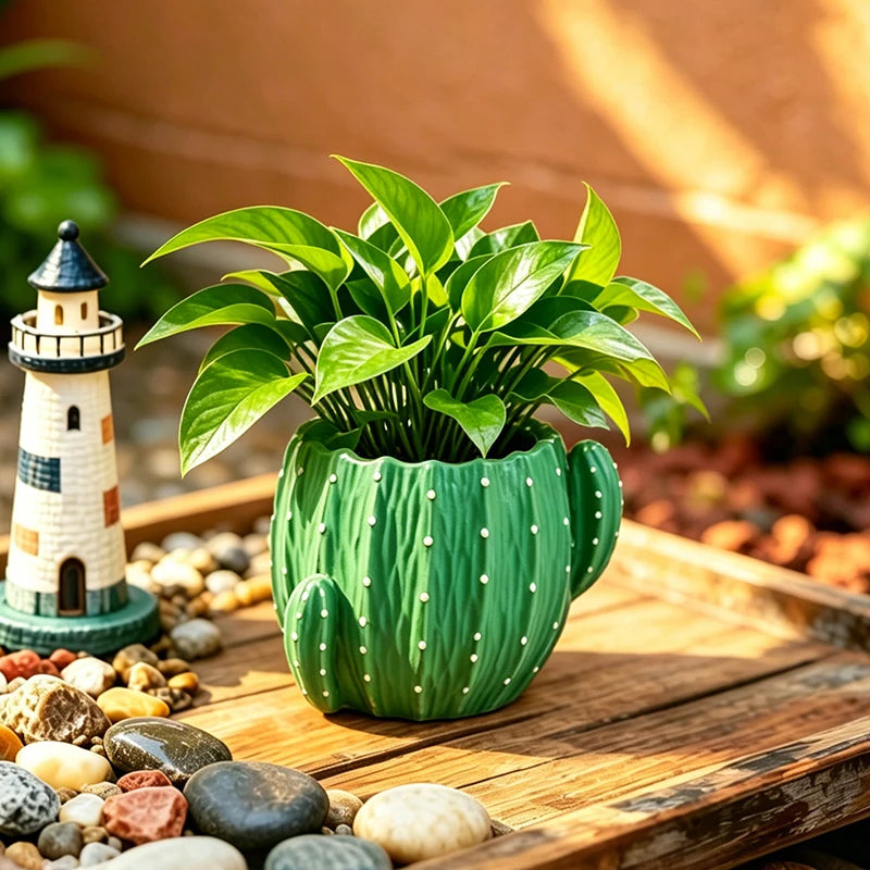 cache pot résine cactus épines relief moderne plante verte décoration chambre table