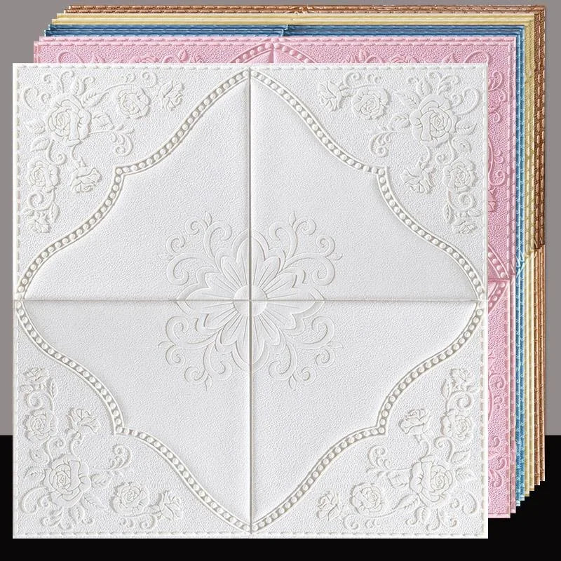 plaque décorative florale relief blanc marron beige rose bleu clair classique ornement auto adhésive