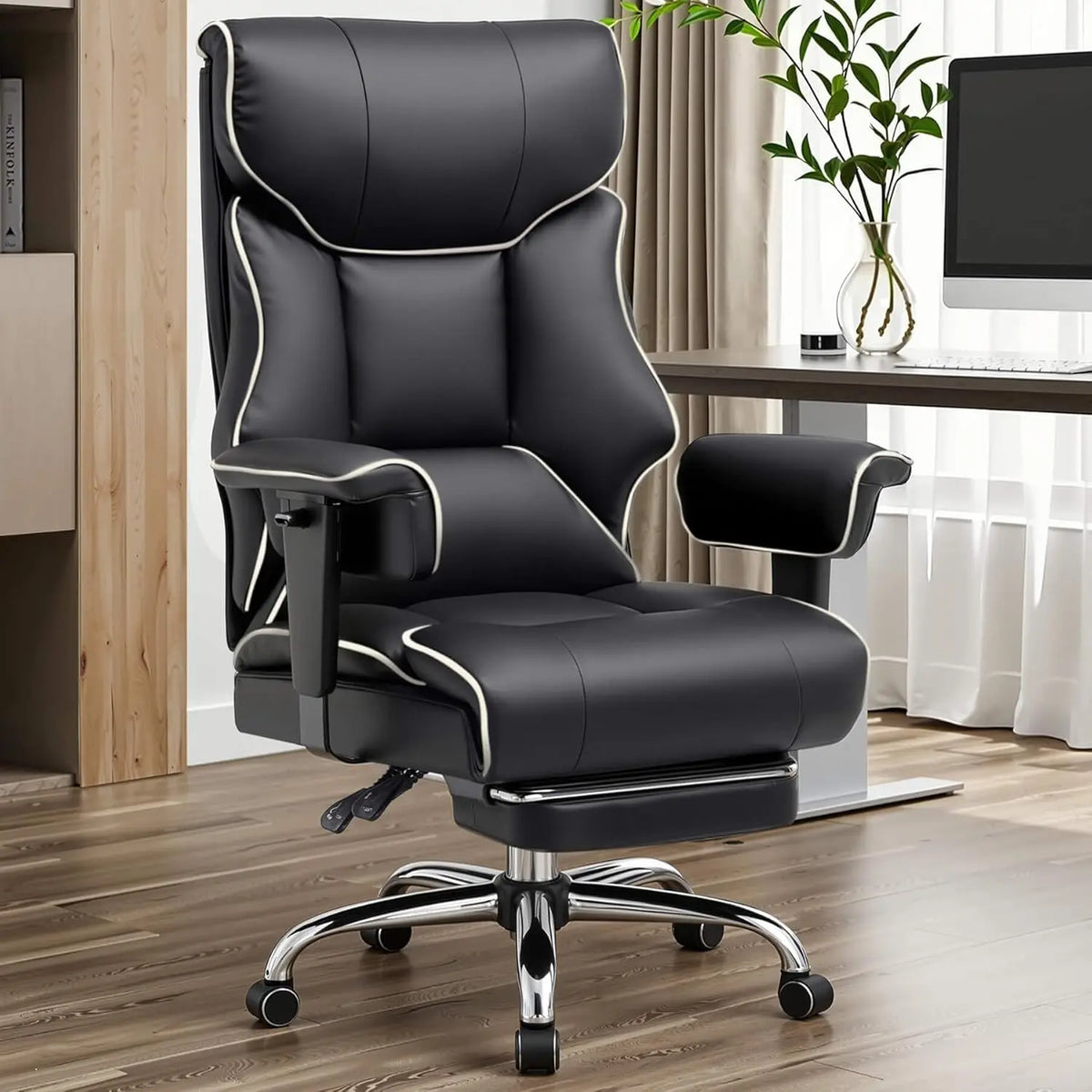 fauteuil noir simili cuir moderne roulettes oreiller supplémentaire basse hauteur