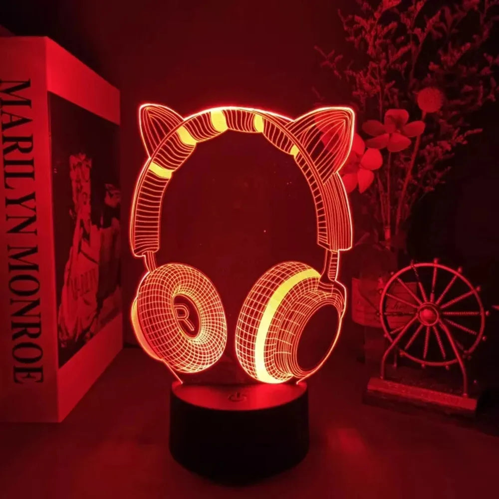 lampe led 3d casque audio oreilles chat veilleuse chambre enfant décoration lumineuse