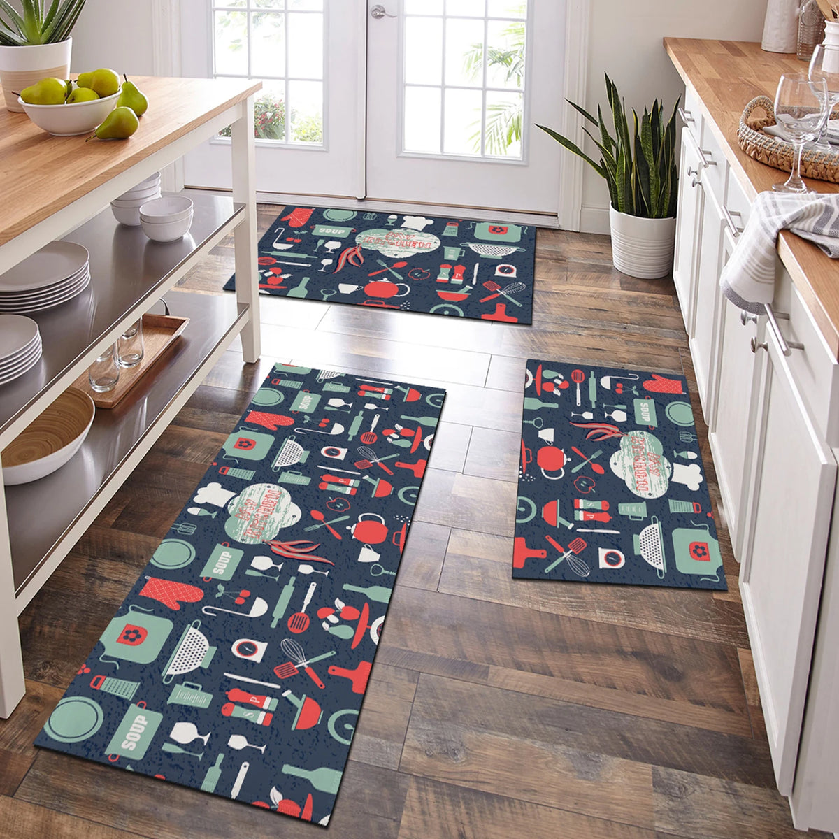 tapis cuisine antidérapant polyester marron bleu noir motif couverts moderneintérieurextérieurplage