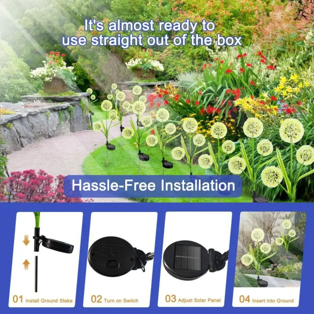 décorations solaires fleurs lumineuses vert blanc moderne extérieures jardin piquetées