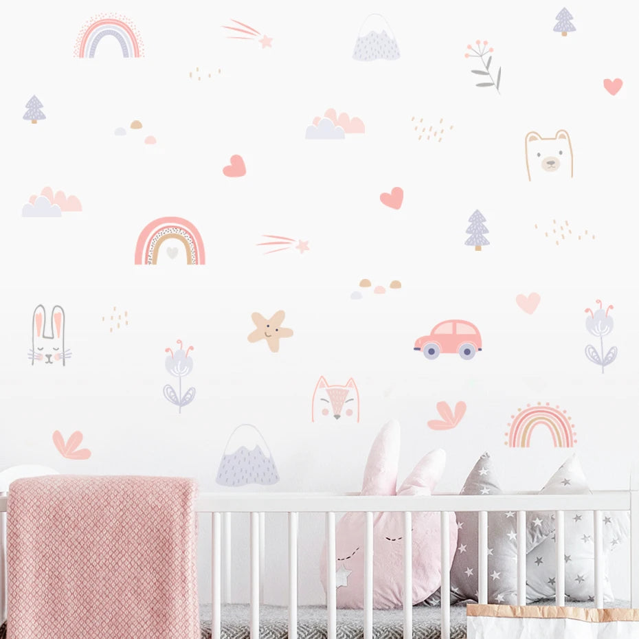 Stickers muraux animaux nuages arc ciel chambre enfant décoration bohème illustrative