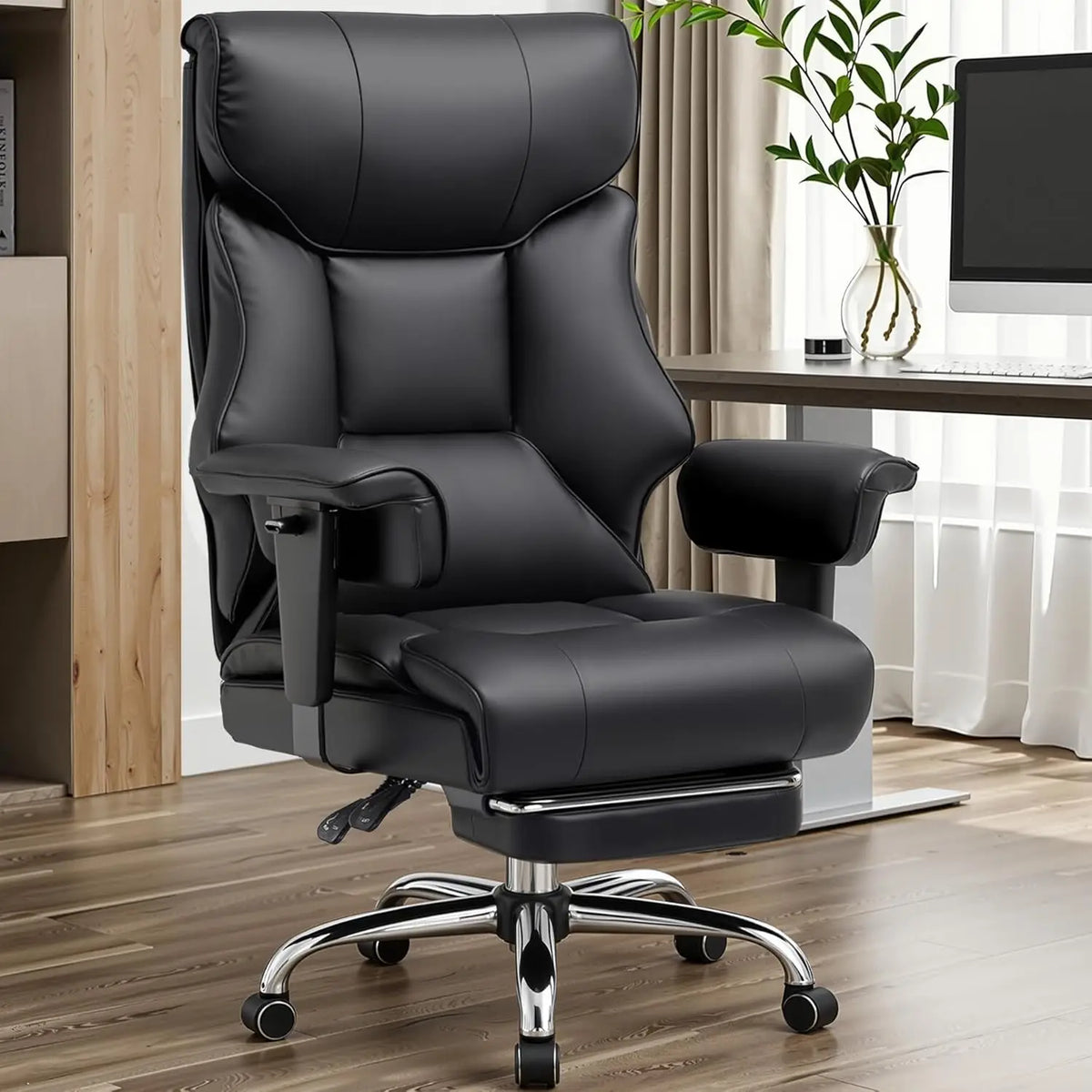 fauteuil noir simili cuir moderne roulettes oreiller supplémentaire basse hauteur