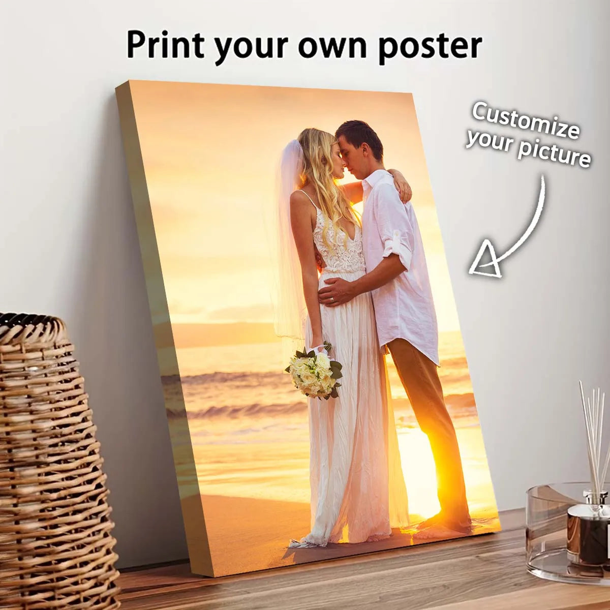 poster personnalisable mariage plage coucher soleil moderne romantique clips bois 20x30cm 30x40cm 40x50cm 40x60cm