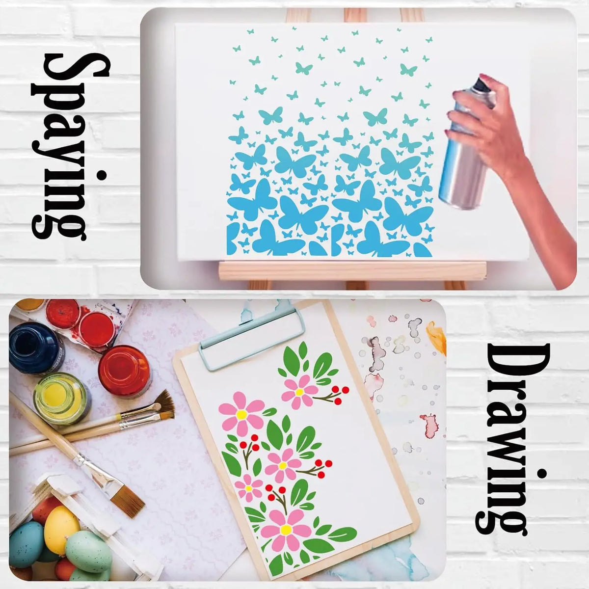stencils peinture artisanal papillon fleur musique horloge branche brique geometrie decoration blanc